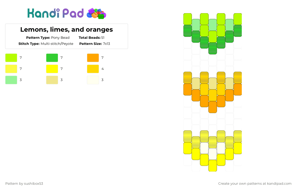 Lemons, limes, and oranges - Pony Bead Pattern by sushibox53 on Kandi Pad - green,yellow,sour,lemon,lime,orange,small,easy,cute,food