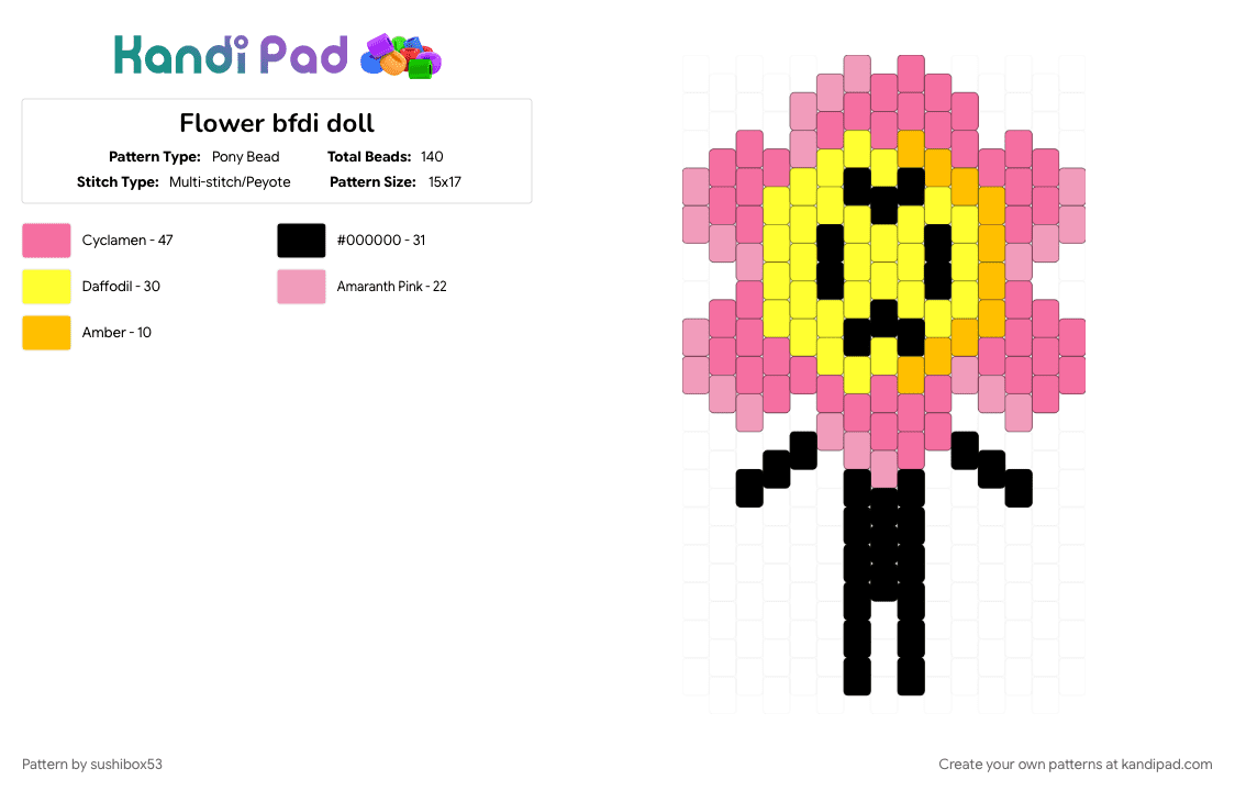 Flower bfdi doll - Pony Bead Pattern by sushibox53 on Kandi Pad - battle for dream island, bfdi, cute, doll, flower, pink, yellow