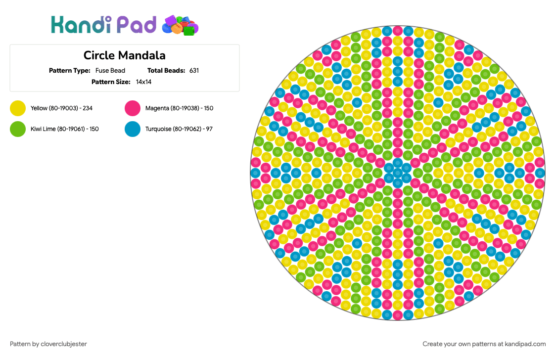 Circle Mandala - Fuse Bead Pattern by cloverclubjester on Kandi Pad - green, pink, yellow