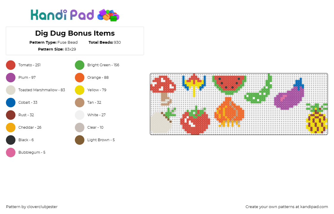 Dig Dug Bonus Items - Fuse Bead Pattern by cloverclubjester on Kandi Pad - dig dug,vegetables,arcade,classic,video game,fruit,colorful,red