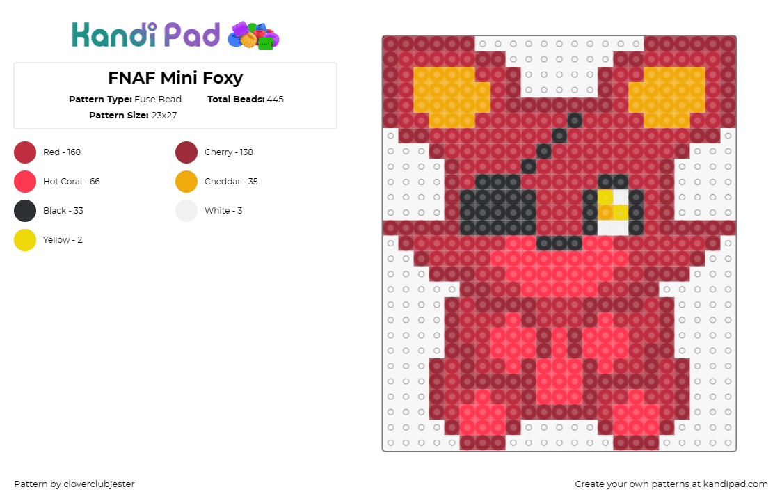 FNAF Mini Foxy - Fuse Bead Pattern by cloverclubjester on Kandi Pad - foxy,fnaf,five nights at freddys,video game,teddy,cute,eye patch,character,horro