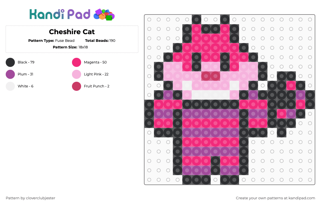 Cheshire Cat - Fuse Bead Pattern by cloverclubjester on Kandi Pad - pink