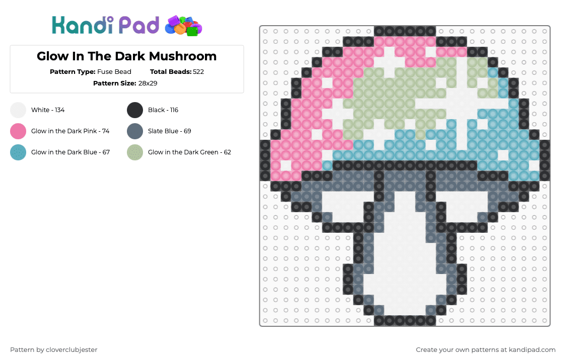 Glow In The Dark Mushroom - Fuse Bead Pattern by cloverclubjester on Kandi Pad - gray,light blue,pink