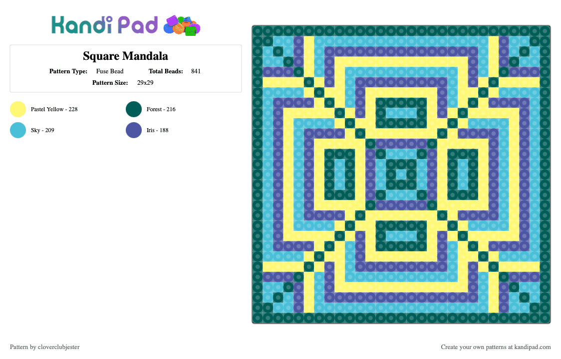 Square Mandala - Fuse Bead Pattern by cloverclubjester on Kandi Pad - gray, light blue, yellow