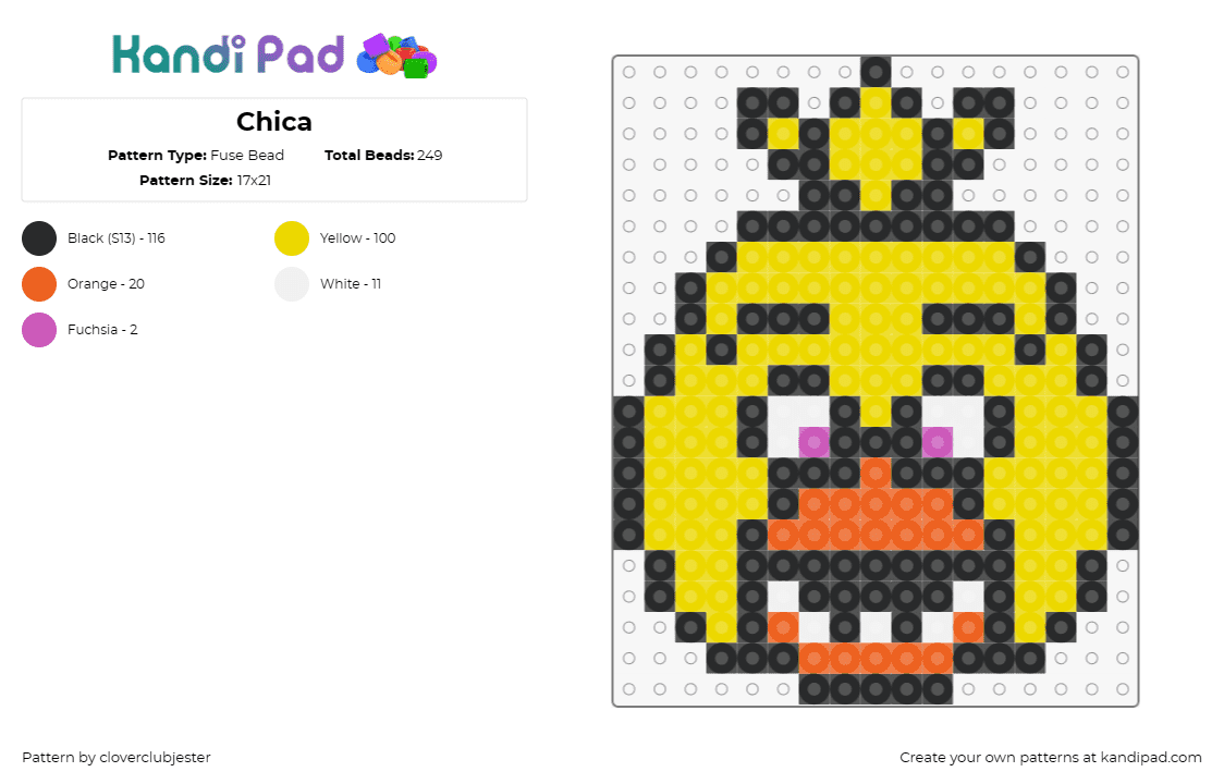 Chica - Fuse Bead Pattern by cloverclubjester on Kandi Pad - chica,fnaf,five nights at freddys,video game,character,horror,yellow,orange