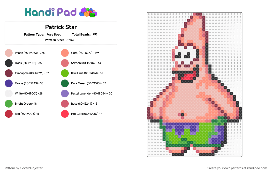 Patrick Star - Fuse Bead Pattern by cloverclubjester on Kandi Pad - beige, green, orange, red