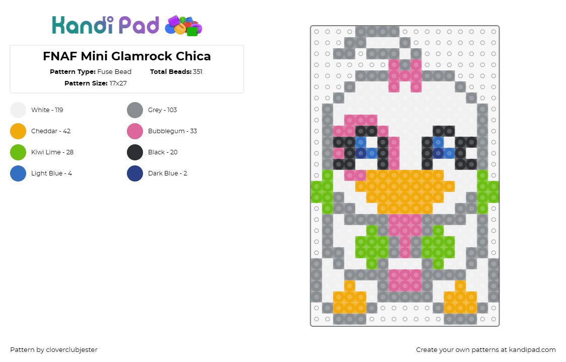 FNAF Mini Glamrock Chica - Fuse Bead Pattern by cloverclubjester on Kandi Pad - chica,glamrock,fnaf,five nights at freddys,video game,cute,horror,white,pink,gre