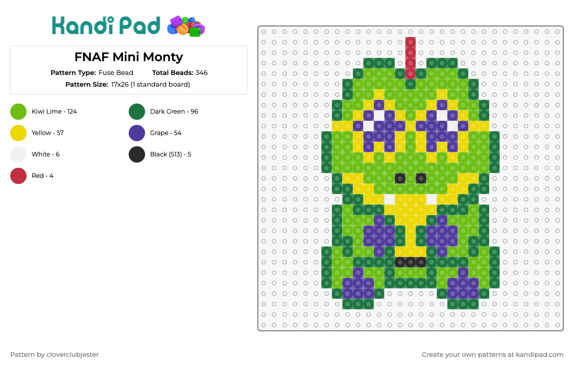 FNAF Mini Monty - Fuse Bead Pattern by cloverclubjester on Kandi Pad - monty,montgomery gator,fnaf,five nights at freddys,character,chibi,horror,video game,green,purple