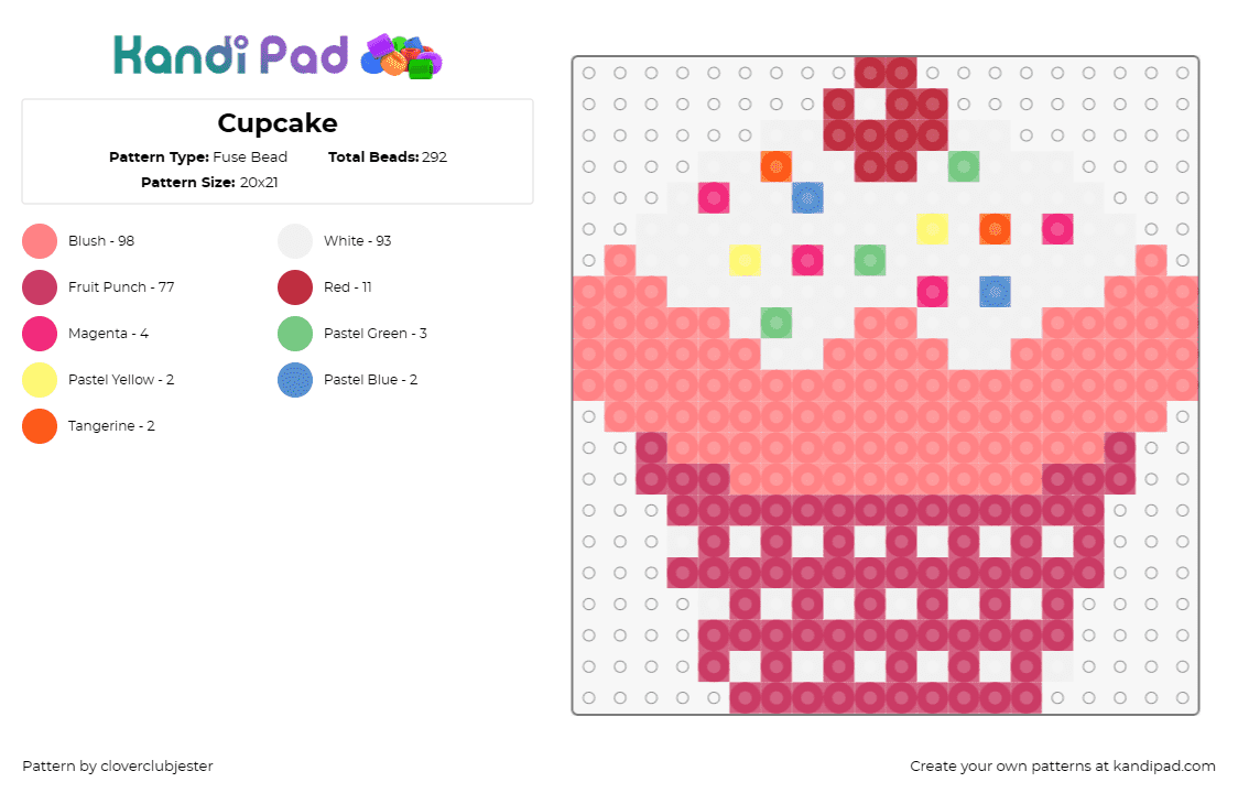 Cupcake - Fuse Bead Pattern by cloverclubjester on Kandi Pad - cupcake,dessert,food,sweet,cherry,sprinkles,pink,white