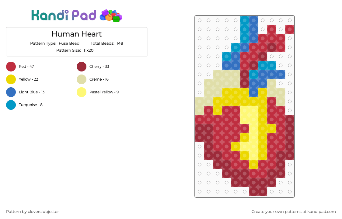 Human Heart - Fuse Bead Pattern by cloverclubjester on Kandi Pad - yellow,red