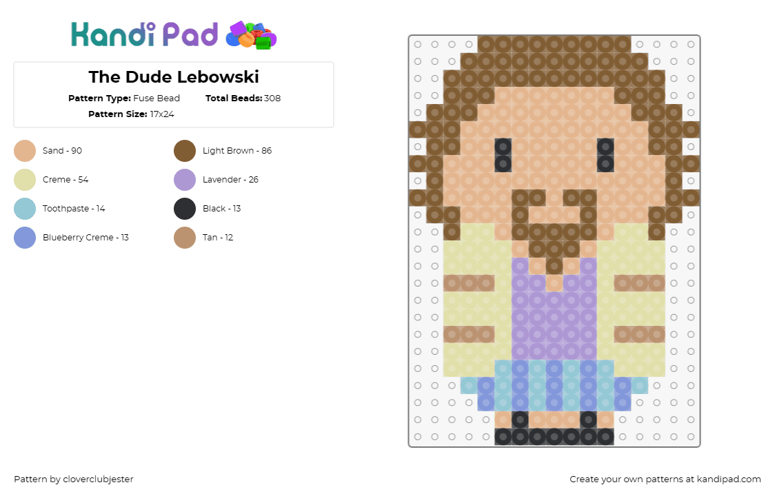 The Dude Lebowski - Fuse Bead Pattern by cloverclubjester on Kandi Pad - dude,big lebowski,movie,character,chibi,weeble wobble,beige,purple