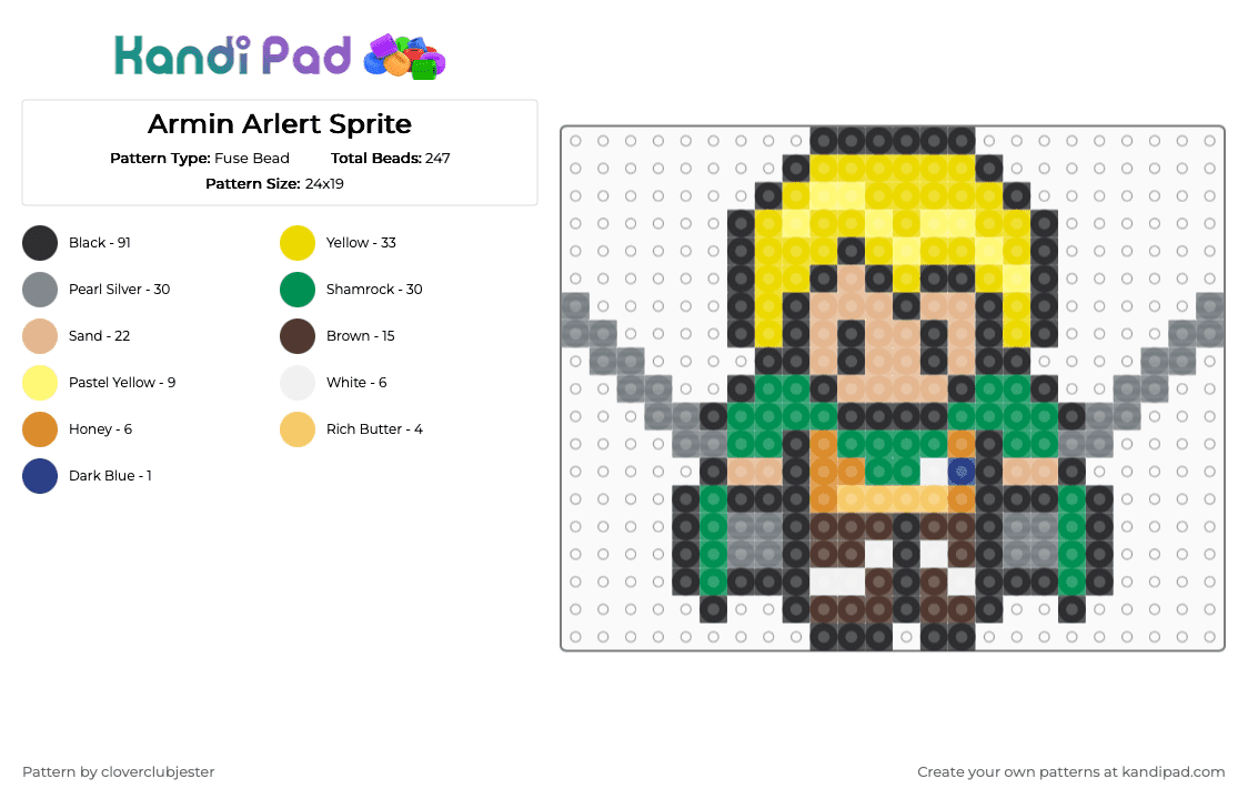 Armin Arlert Sprite - Fuse Bead Pattern by cloverclubjester on Kandi Pad - gray,beige,green,yellow