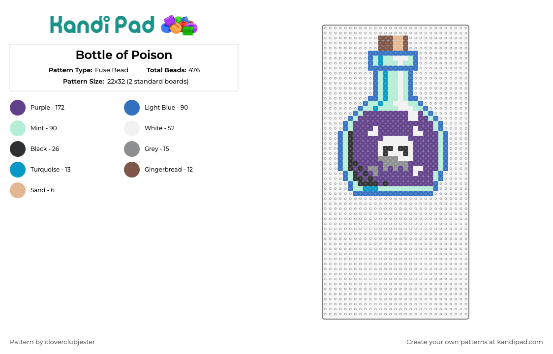 Bottle of Poison - Fuse Bead Pattern by cloverclubjester on Kandi Pad - poison,potion,toxic,skull,jar,cork,purple,light blue