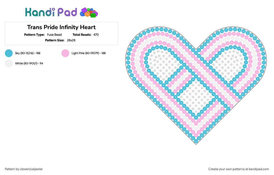 Trans Pride Infinity Heart - Fuse Bead Pattern by cloverclubjester on Kandi Pad - light blue, pink