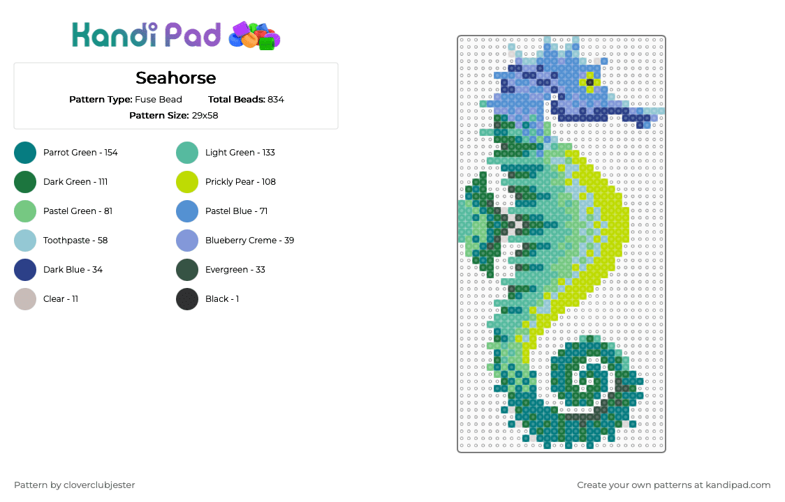 Seahorse - Fuse Bead Pattern by cloverclubjester on Kandi Pad - light blue,green,teal