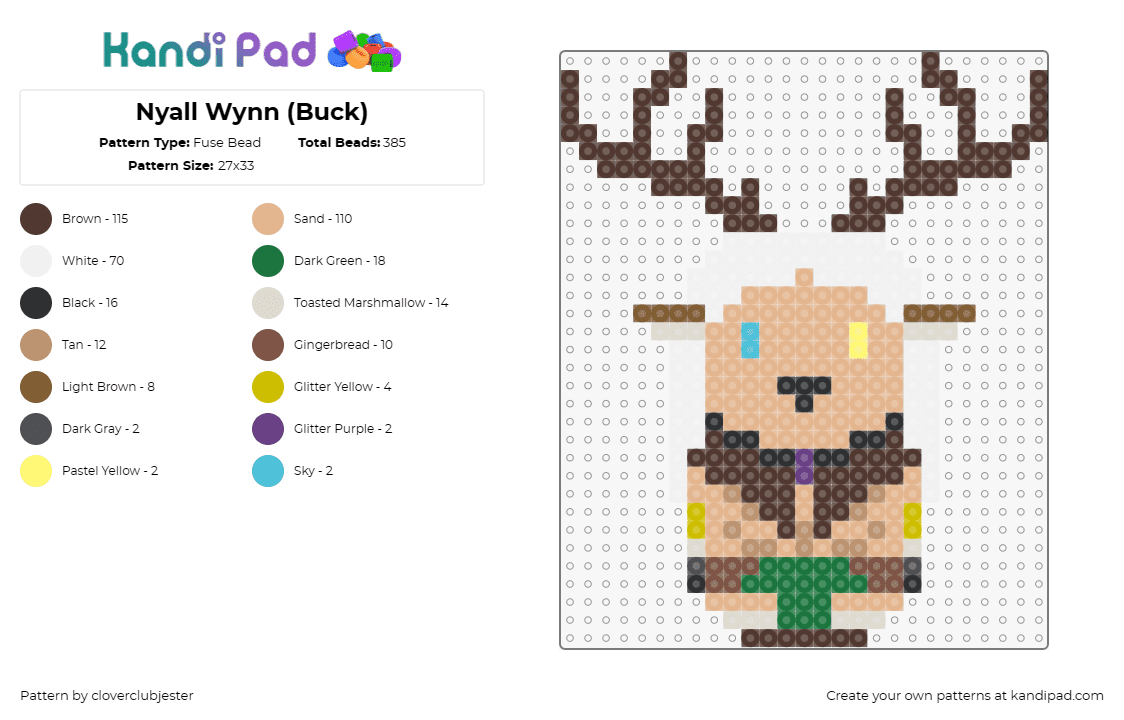 Nyall Wynn (Buck) - Fuse Bead Pattern by cloverclubjester on Kandi Pad - nyall wynn,deer,woodland,antlers,whimsical,creature,playful expression,tan