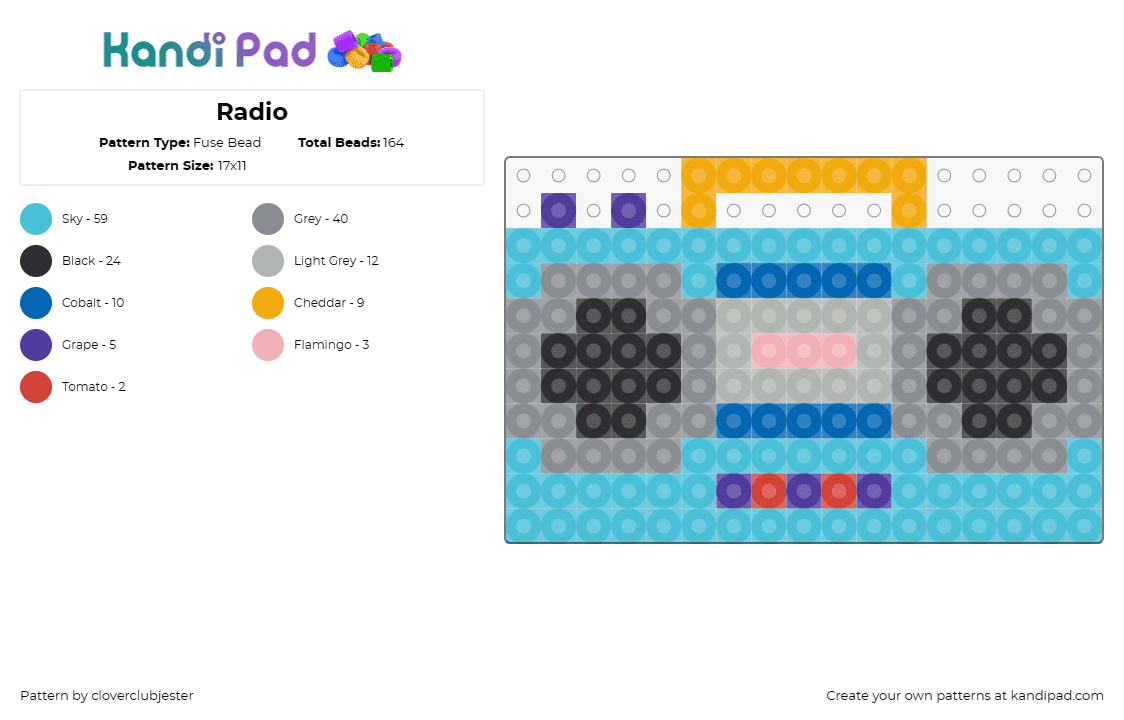 Radio - Fuse Bead Pattern by cloverclubjester on Kandi Pad - radio,boombox,stereo,music,classic,retro,light blue,gray
