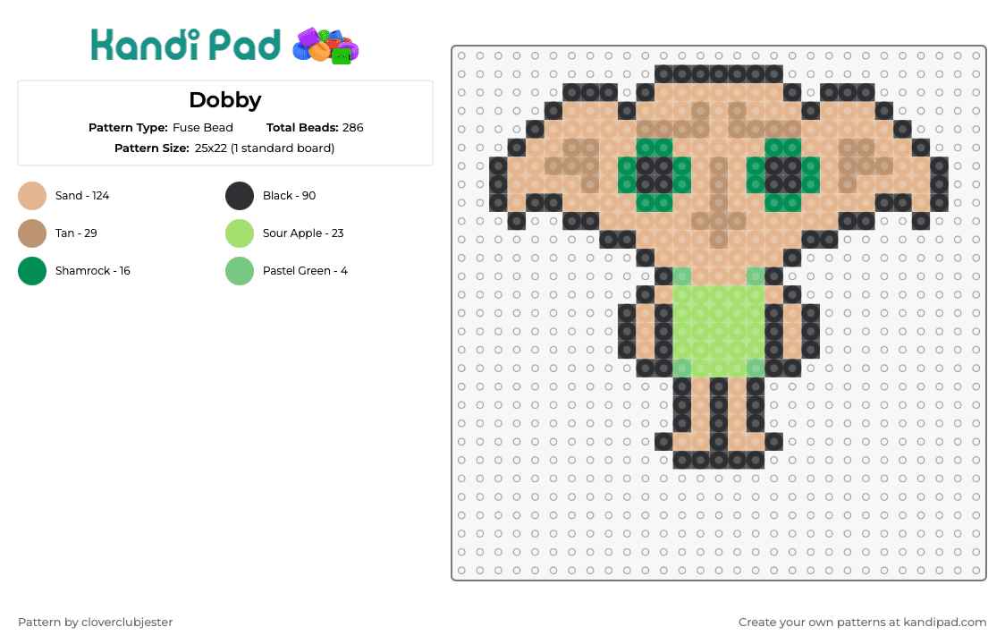 Dobby - Fuse Bead Pattern by cloverclubjester on Kandi Pad - dobby,harry potter,elf,character,book,movie,magic,tan,green