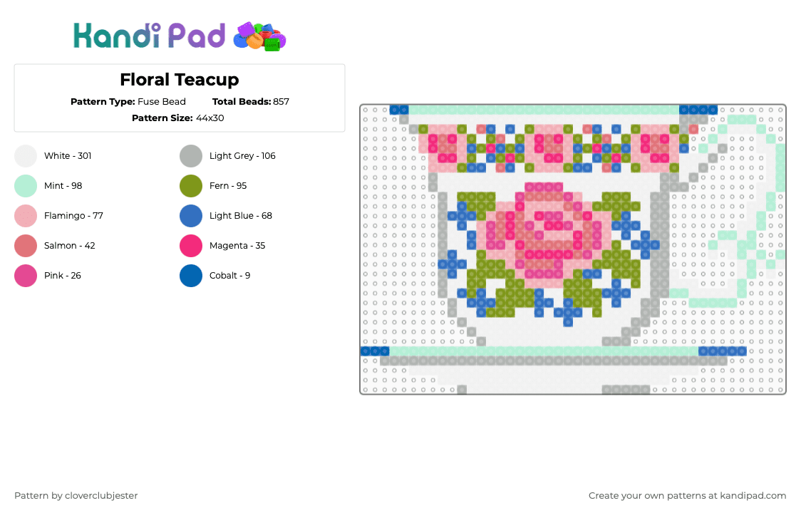 Floral Teacup - Fuse Bead Pattern by cloverclubjester on Kandi Pad - beige,light blue,gold