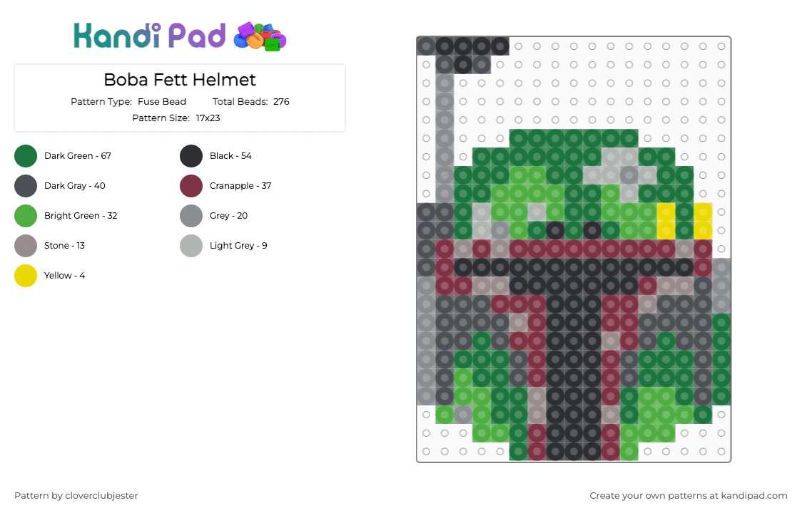 Boba Fett Helmet - Fuse Bead Pattern by cloverclubjester on Kandi Pad - gray,green