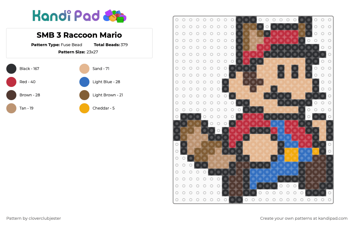 SMB 3 Raccoon Mario - Fuse Bead Pattern by cloverclubjester on Kandi Pad - black,beige,red