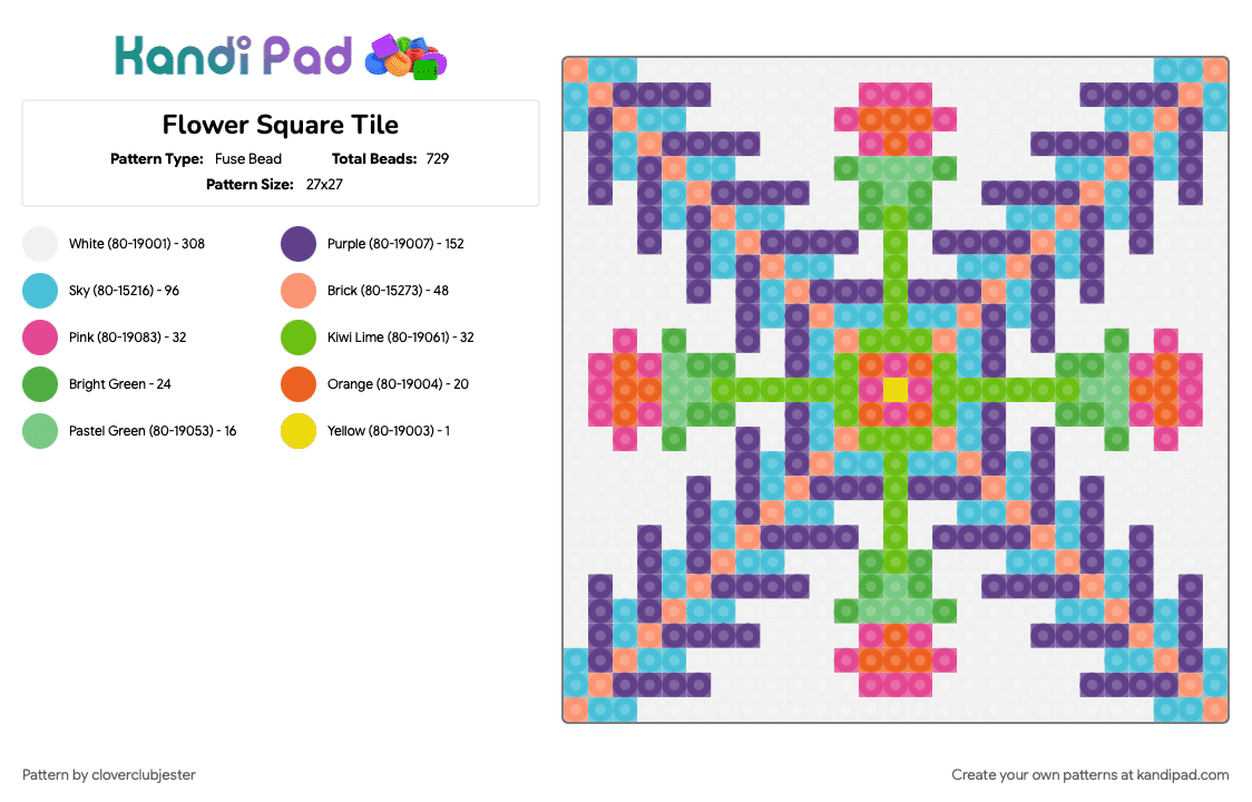 Flower Square Tile - Fuse Bead Pattern by cloverclubjester on Kandi Pad - colorful, green, purple, white