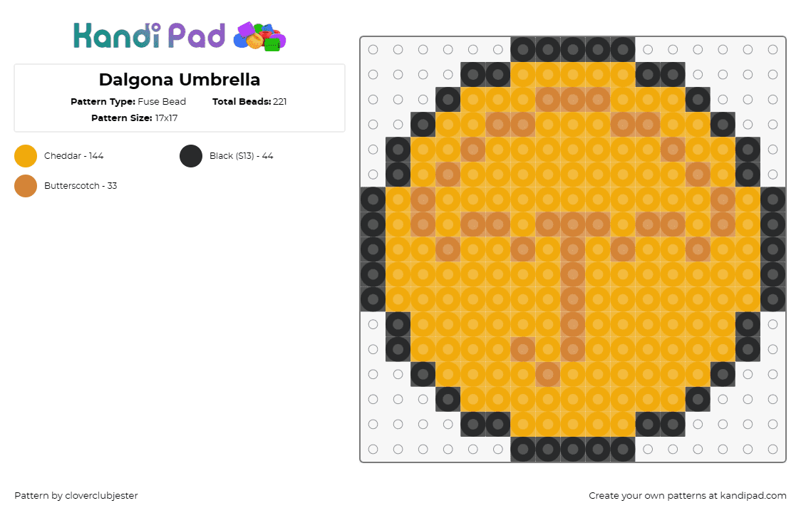 Dalgona Umbrella - Fuse Bead Pattern by cloverclubjester on Kandi Pad - dalgona,squid game,cookie,candy,umbrella,coin,tv show,orange,yellow