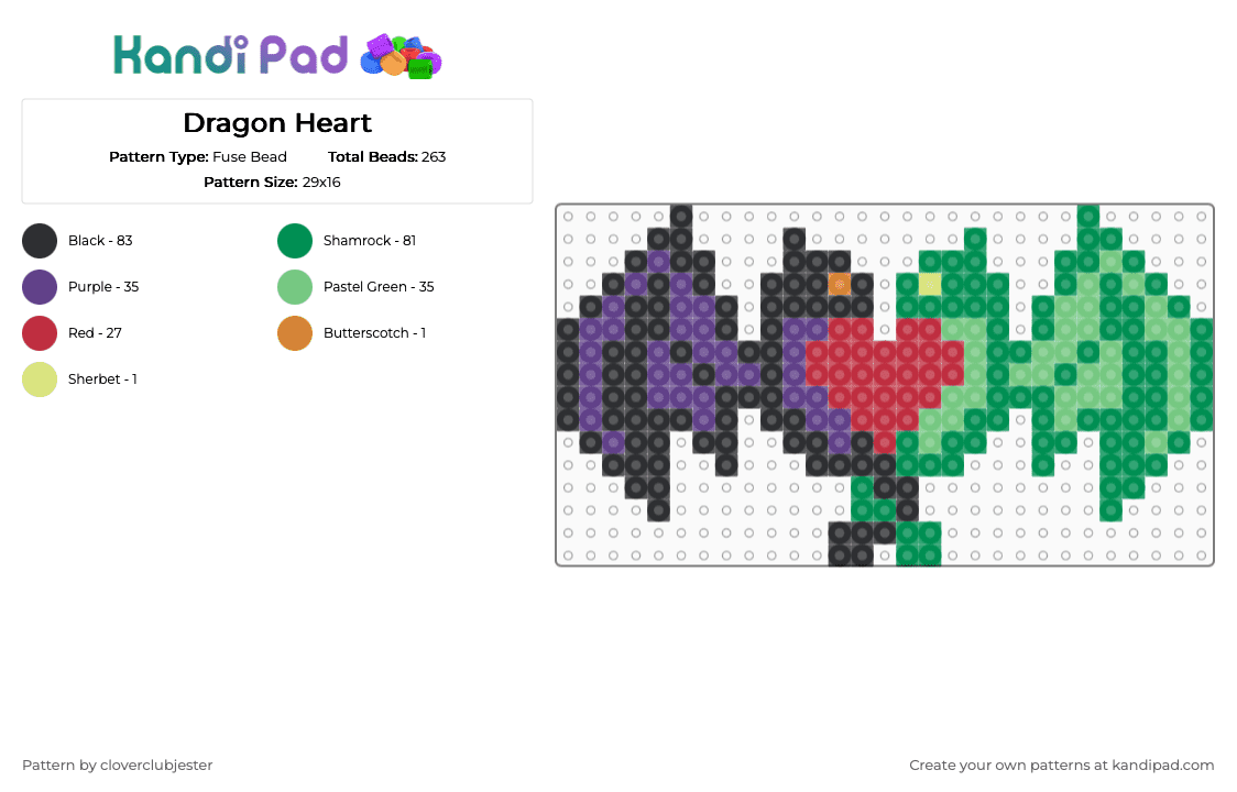Dragon Heart - Fuse Bead Pattern by cloverclubjester on Kandi Pad - purple,green,teal