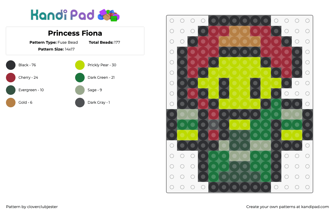 Princess Fiona - Fuse Bead Pattern by cloverclubjester on Kandi Pad - fiona,shrek,ogre,princess,character,animation,movie,dreamworks,green,red