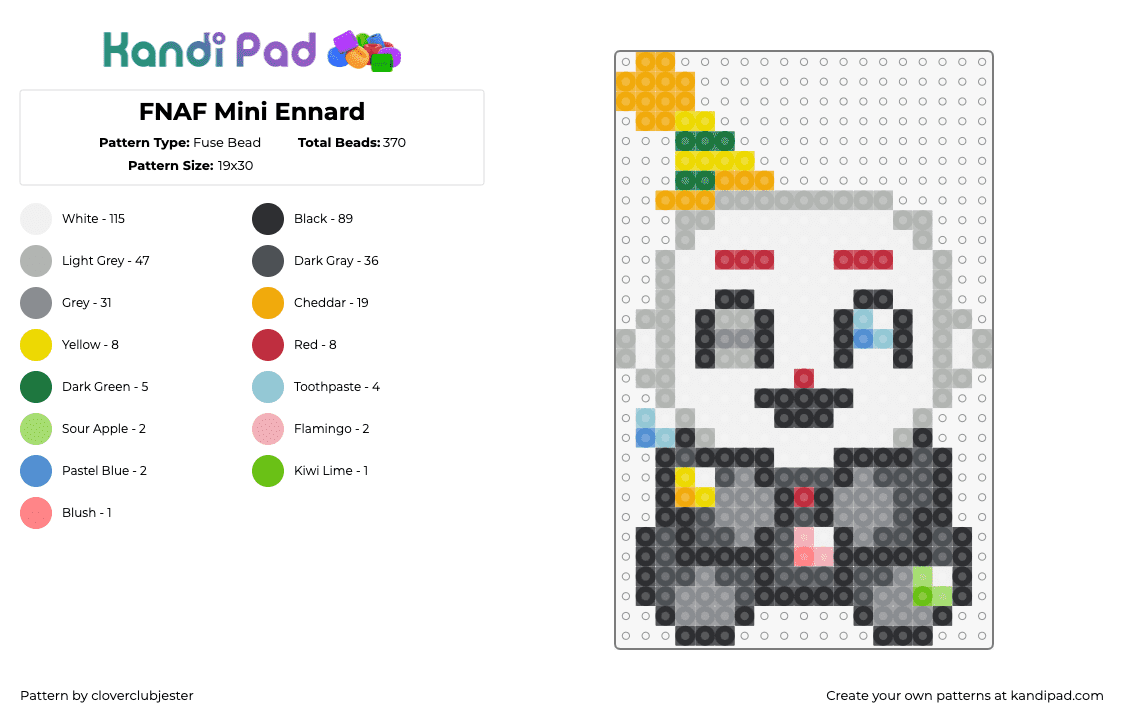 FNAF Mini Ennard - Fuse Bead Pattern by cloverclubjester on Kandi Pad - ennard,fnaf,five nights at freddys,plush,video game,horror,hat,character,gray,white,black