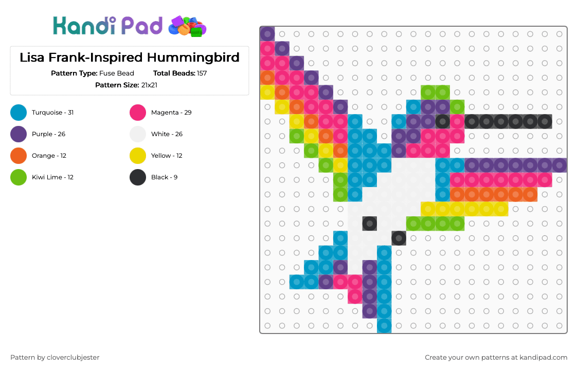 Lisa Frank-Inspired Hummingbird - Fuse Bead Pattern by cloverclubjester on Kandi Pad - purple,pink,light blue