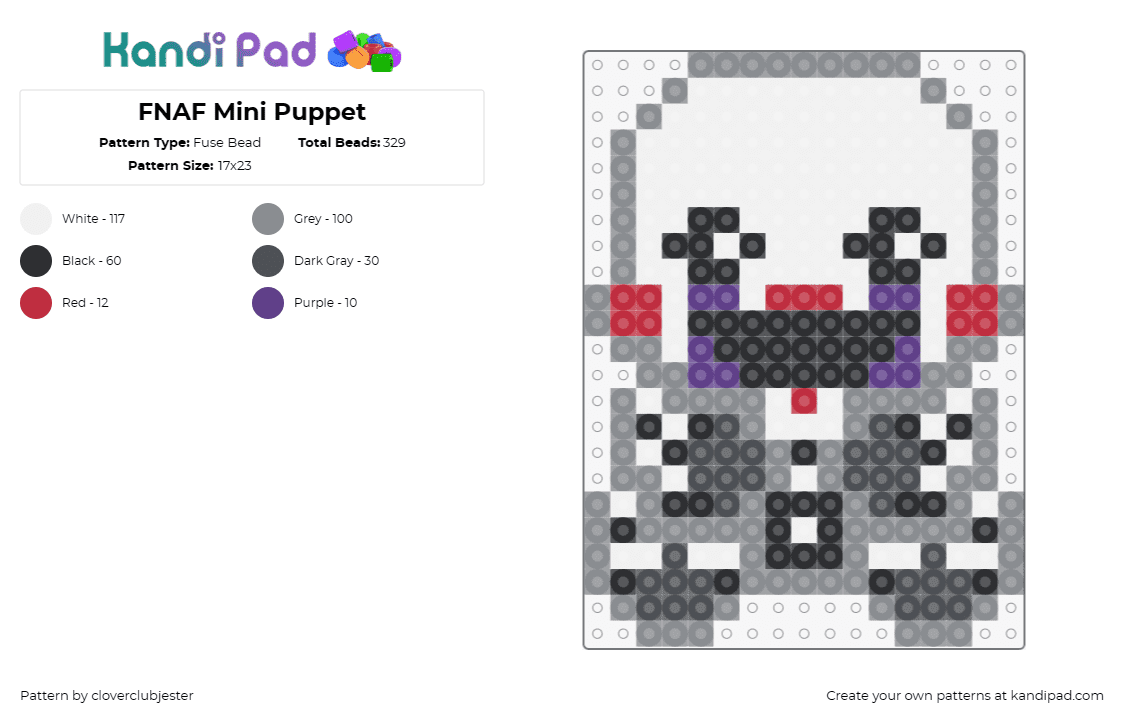 FNAF Mini Puppet - Fuse Bead Pattern by cloverclubjester on Kandi Pad - puppet,fnaf,five nights at freddys,video game,character,horror,white,gray