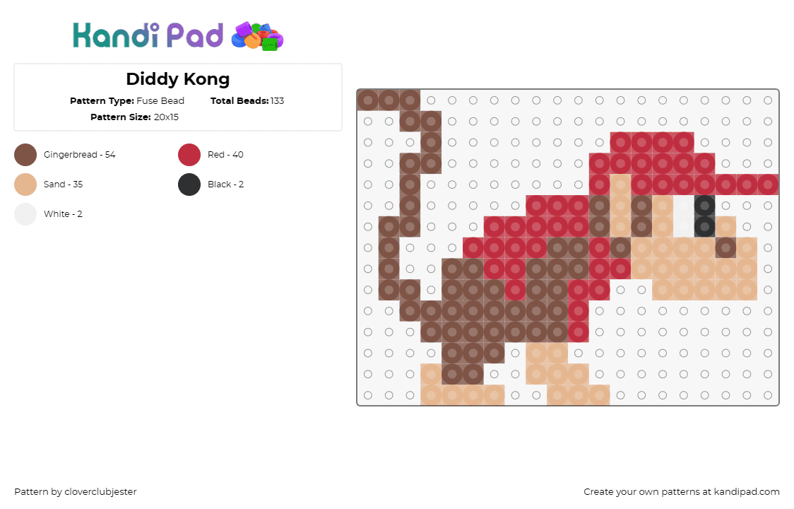 Diddy Kong - Fuse Bead Pattern by cloverclubjester on Kandi Pad - diddy,donkey kong,monkey,nintendo,video game,character,brown,tan,red