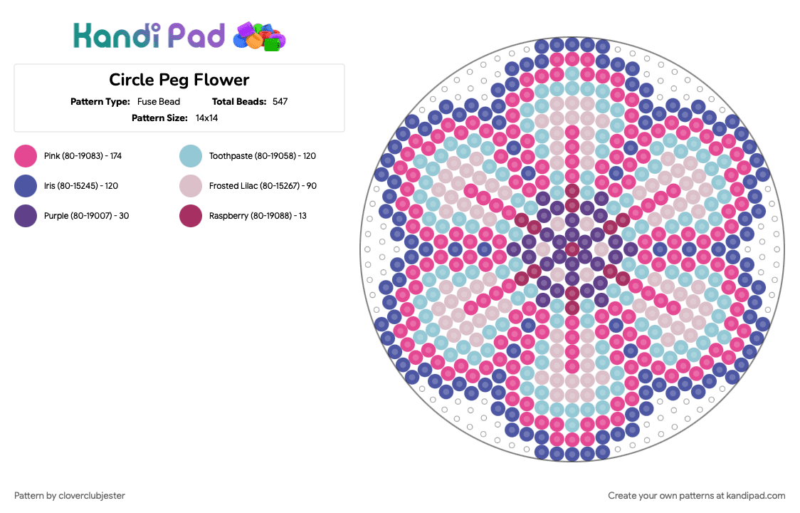 Circle Peg Flower - Fuse Bead Pattern by cloverclubjester on Kandi Pad - pink, purple
