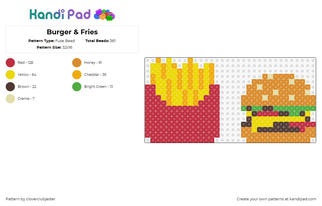 Burger & Fries - Fuse Bead Pattern by cloverclubjester on Kandi Pad - hamburger,fries,food,mcdonalds,red,yellow,tan