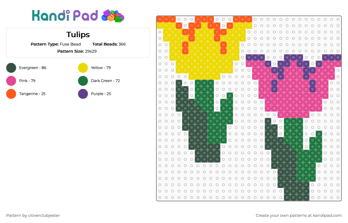 Tulips - Fuse Bead Pattern by cloverclubjester on Kandi Pad - gray, green, pink, yellow