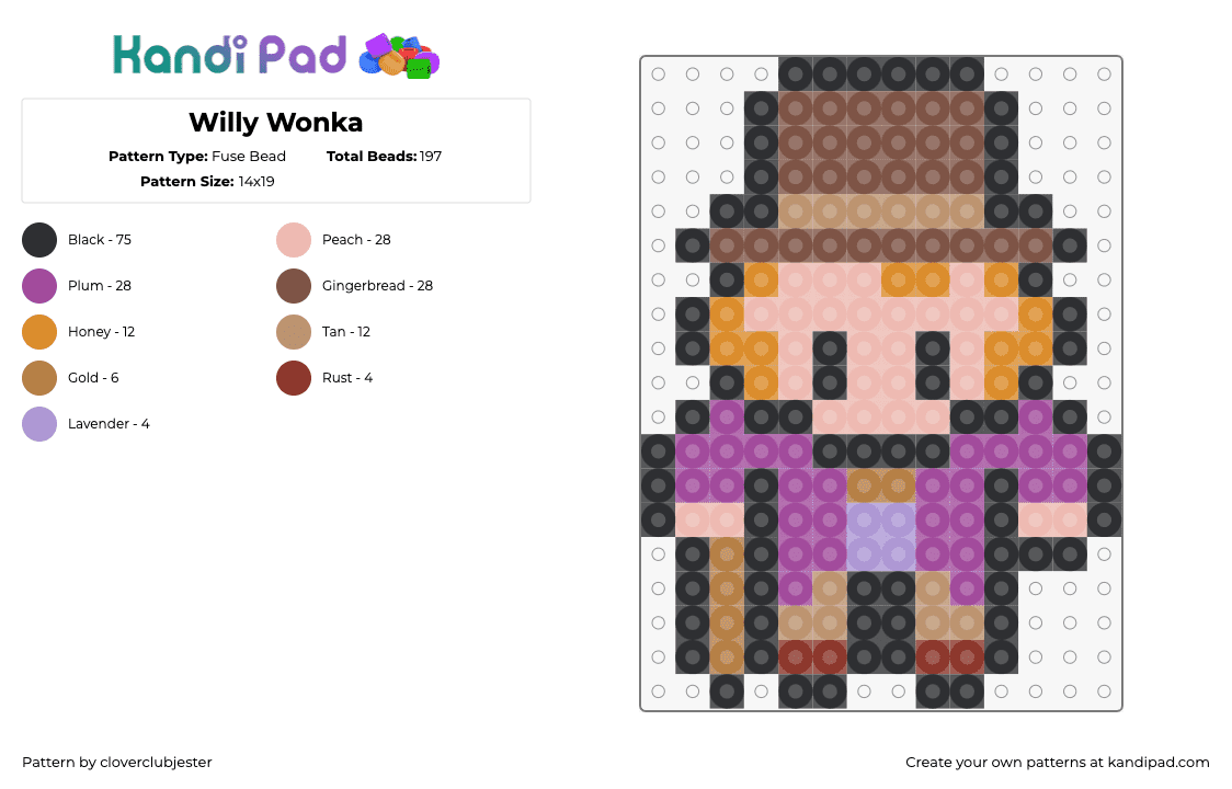 Willy Wonka - Fuse Bead Pattern by cloverclubjester on Kandi Pad - willy wonka,chocolate,character,cane,top hat,brown,tan,purple