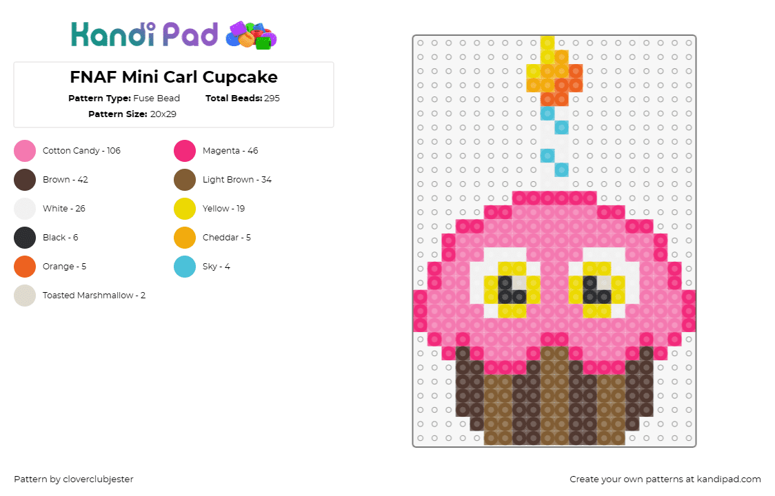 FNAF Mini Carl Cupcake - Fuse Bead Pattern by cloverclubjester on Kandi Pad - carl,cupcake,fnaf,five nights at freddys,video game,candle,horror,pink,brown