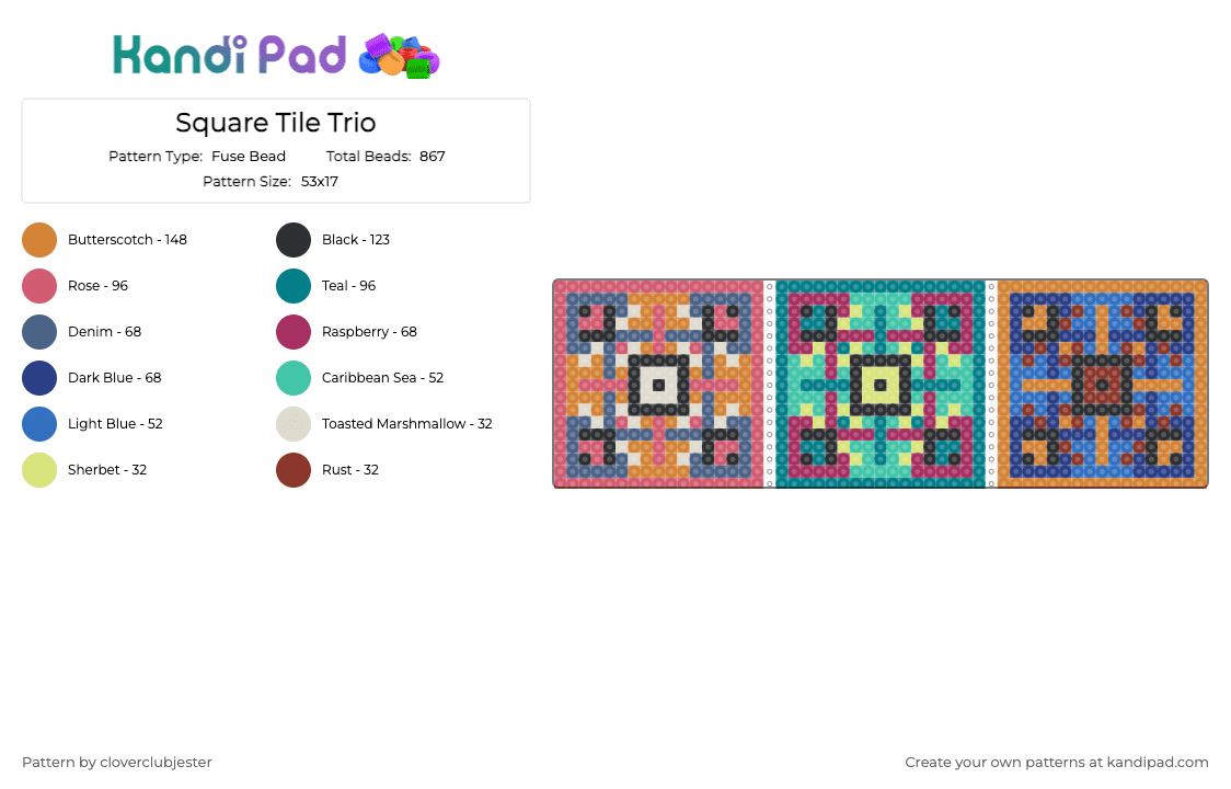 Square Tile Trio - Fuse Bead Pattern by cloverclubjester on Kandi Pad - red,teal,orange,blue