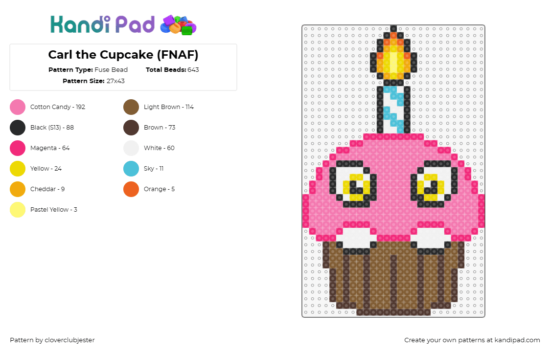 Carl the Cupcake (FNAF) - Fuse Bead Pattern by cloverclubjester on Kandi Pad - carl,cupcake,fnaf,five nights at freddys,horror,character,video game,dessert,can