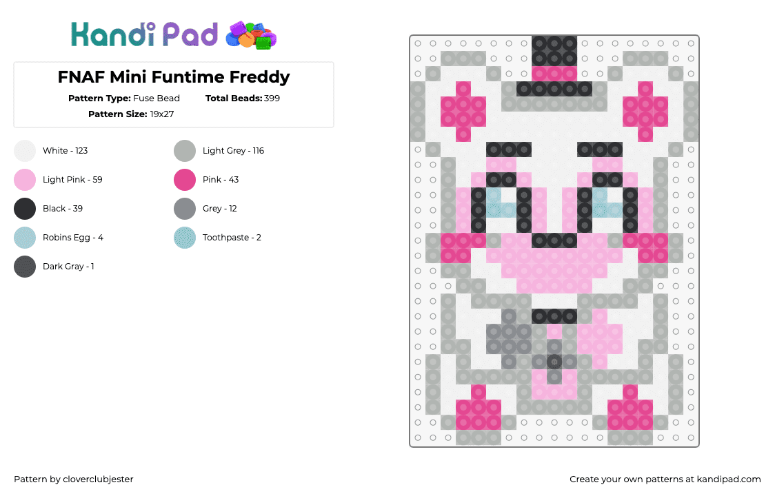 FNAF Mini Funtime Freddy - Fuse Bead Pattern by cloverclubjester on Kandi Pad - freddy fazbear,funtime,fnaf,five nights at freddys,cute,teddy,video game,character,horror,white,pink