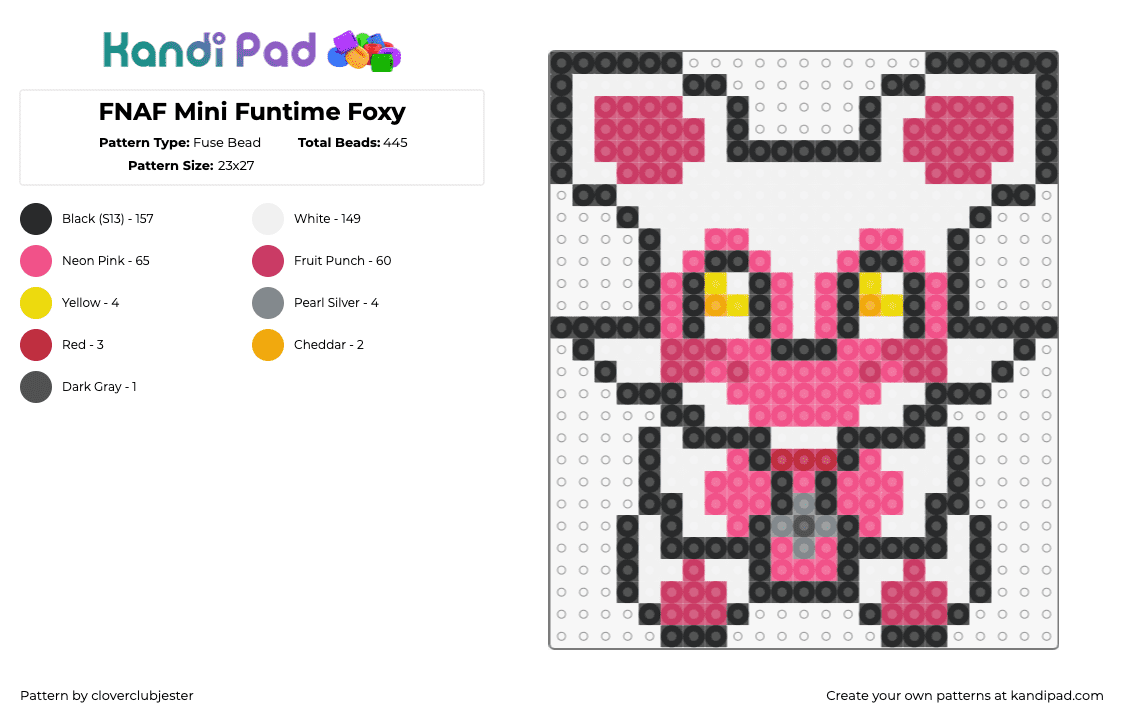 FNAF Mini Funtime Foxy - Fuse Bead Pattern by cloverclubjester on Kandi Pad - foxy,funtime,fnaf,five nights at freddys,video game,cute,horror,teddy,white,pink