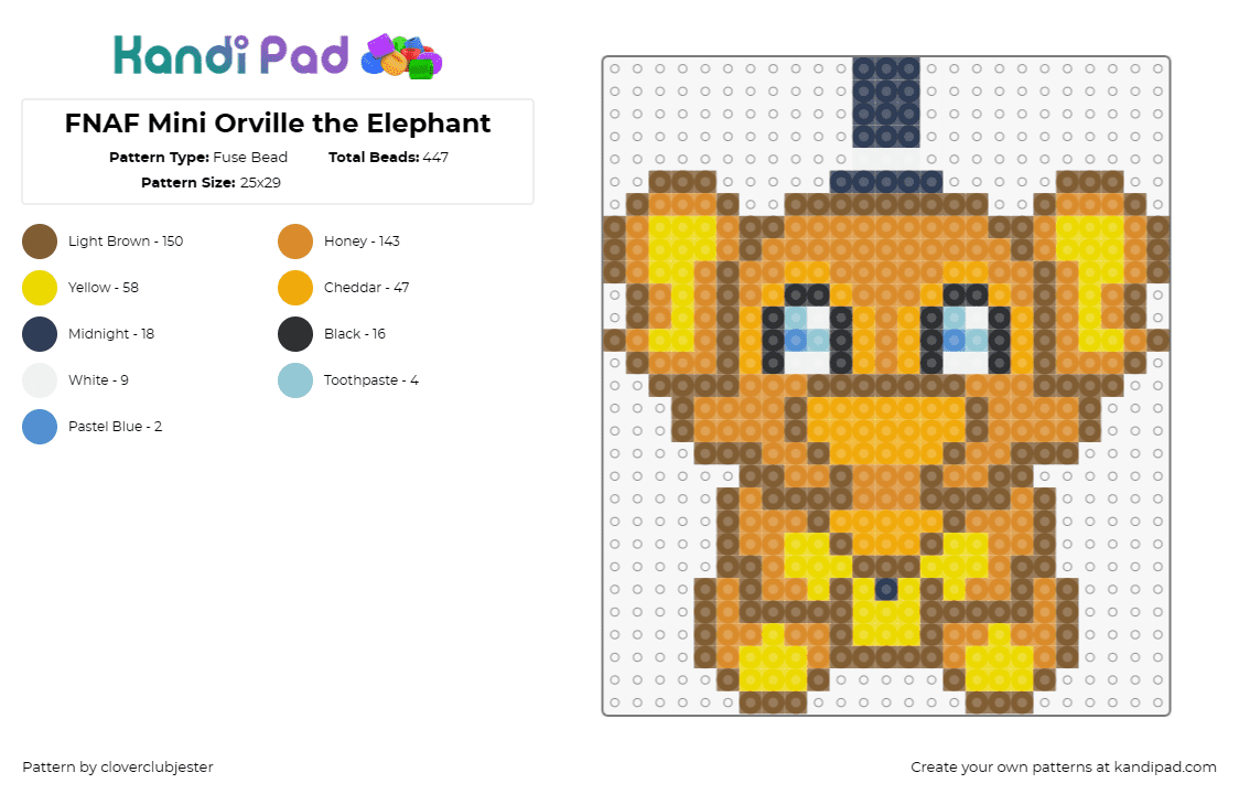 FNAF Mini Orville the Elephant - Fuse Bead Pattern by cloverclubjester on Kandi Pad - orville,elephant,fnaf,five nights at freddys,video game,top hat,horror,orange