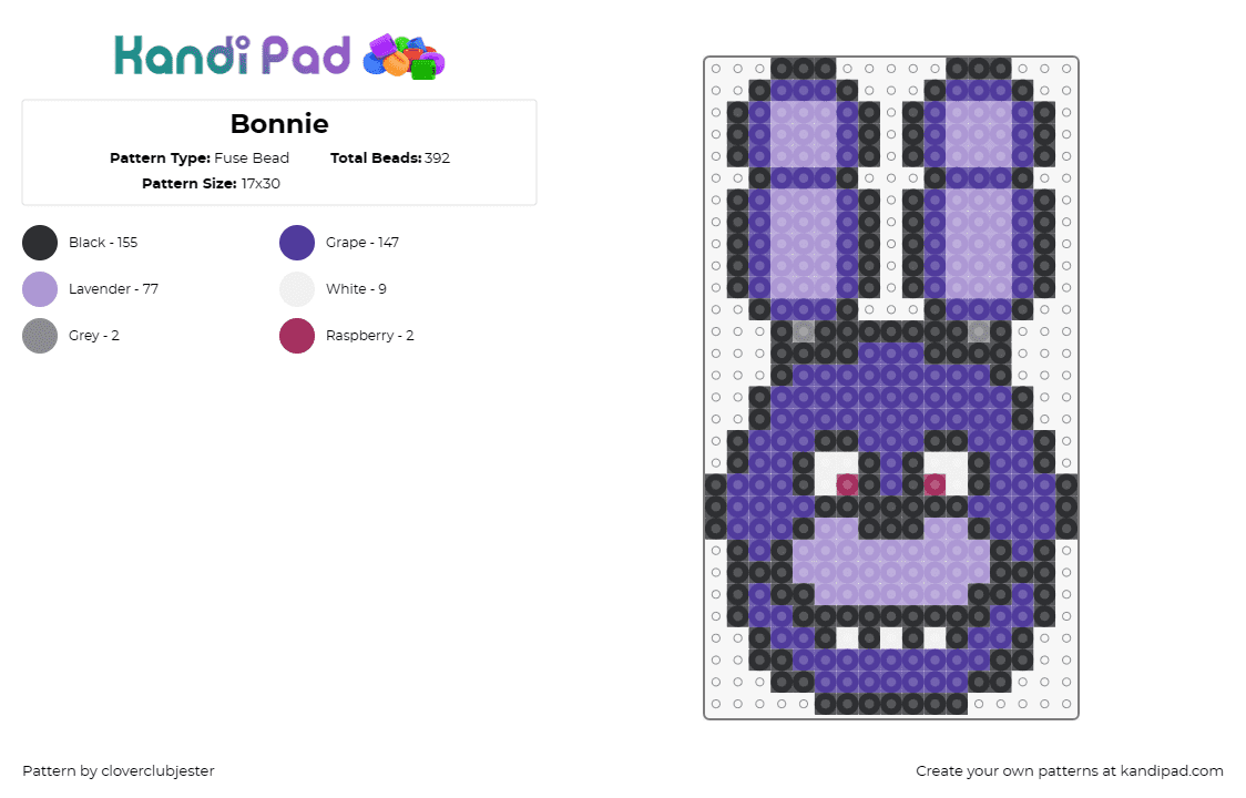 Bonnie - Fuse Bead Pattern by cloverclubjester on Kandi Pad - bonnie,fnaf,five nights at freddys,video game,character,horror,purple