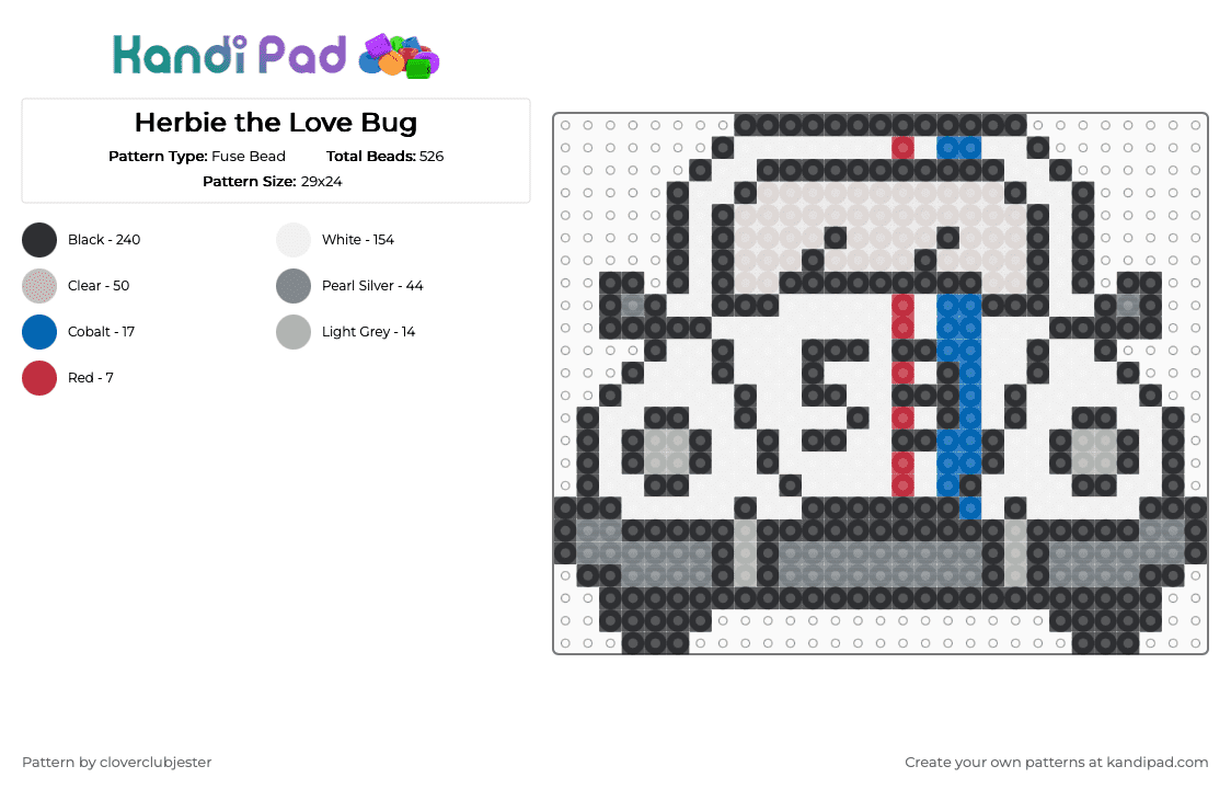 Herbie the Love Bug - Fuse Bead Pattern by cloverclubjester on Kandi Pad - white,beige,gray