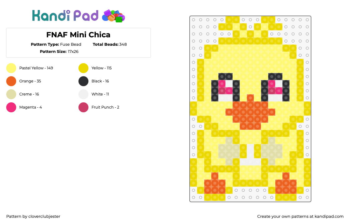 FNAF Mini Chica - Fuse Bead Pattern by cloverclubjester on Kandi Pad - chica,fnaf,five nights at freddys,video game,cute,character,horror,yellow