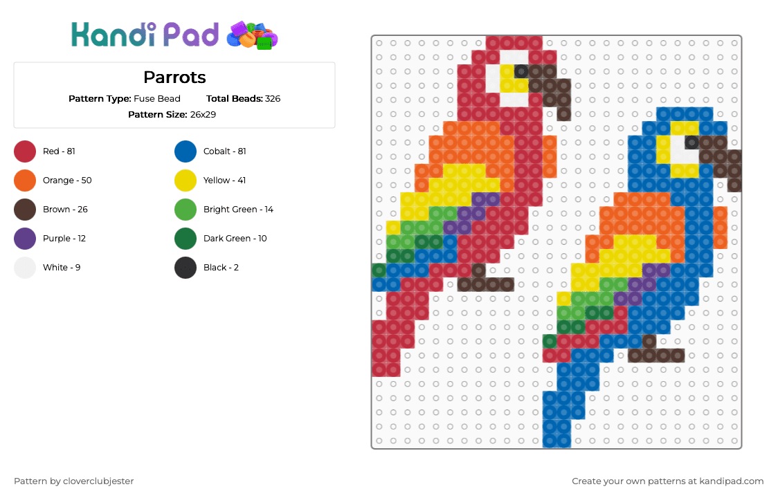 Parrots - Fuse Bead Pattern by cloverclubjester on Kandi Pad - red,yellow,orange,blue