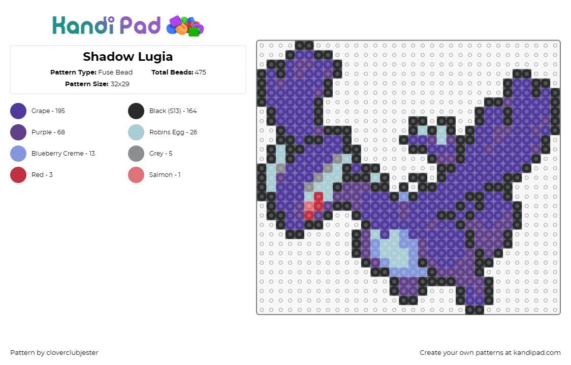 Shadow Lugia - Fuse Bead Pattern by cloverclubjester on Kandi Pad - lugia,pokemon,winged,gaming,character,purple