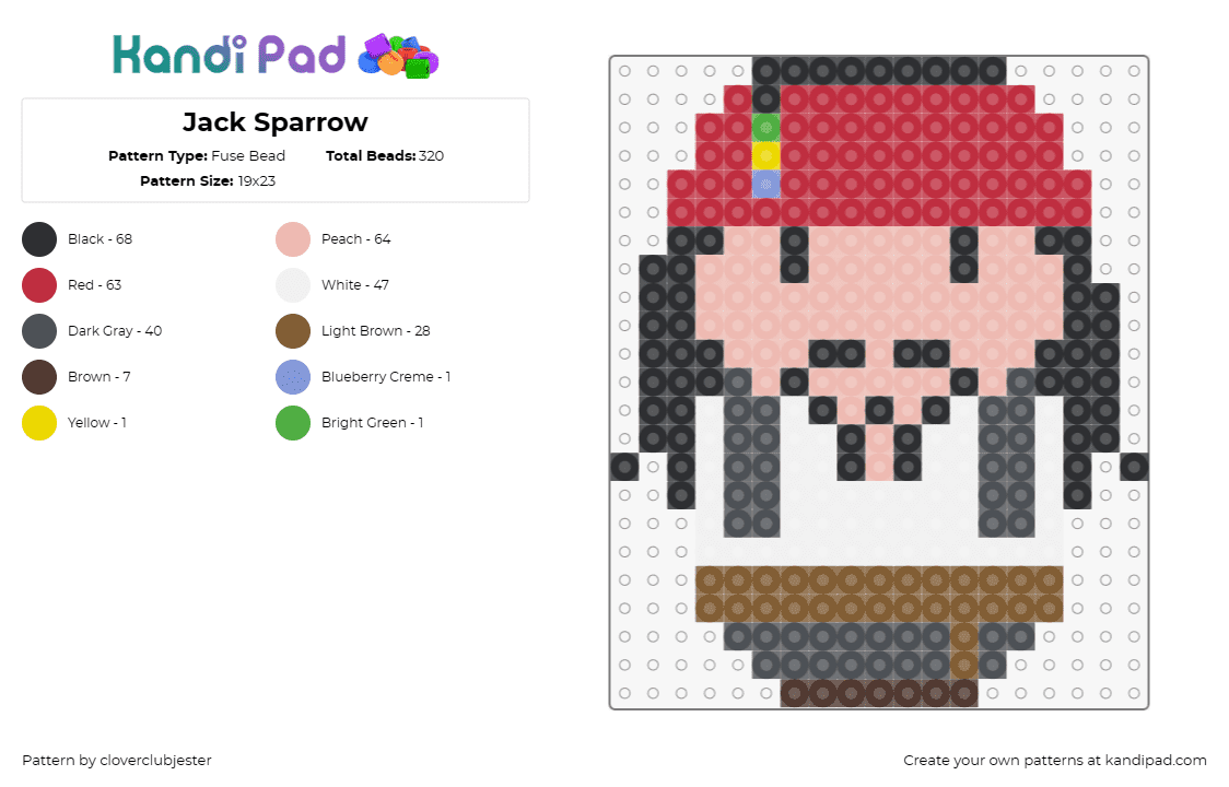 Jack Sparrow - Fuse Bead Pattern by cloverclubjester on Kandi Pad - jack sparrow,pirates of the caribbean,captain,character,movie,weeble wobble,red,