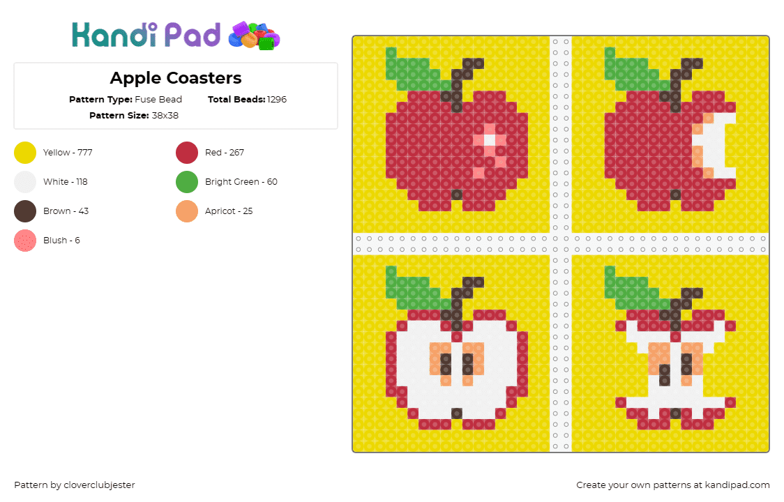 Apple Coasters - Fuse Bead Pattern by cloverclubjester on Kandi Pad - apple,fruit,coaster,food,bite,red,yellow,white